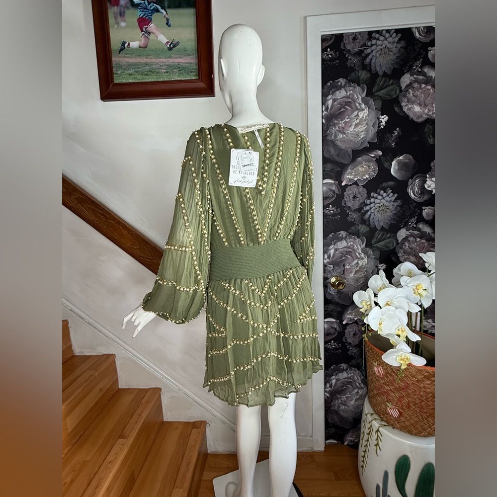 Free People JEN'S PIRATE BOOTY Olive Green Beaded V-Neck Mini Dress - Picture 7 of 11